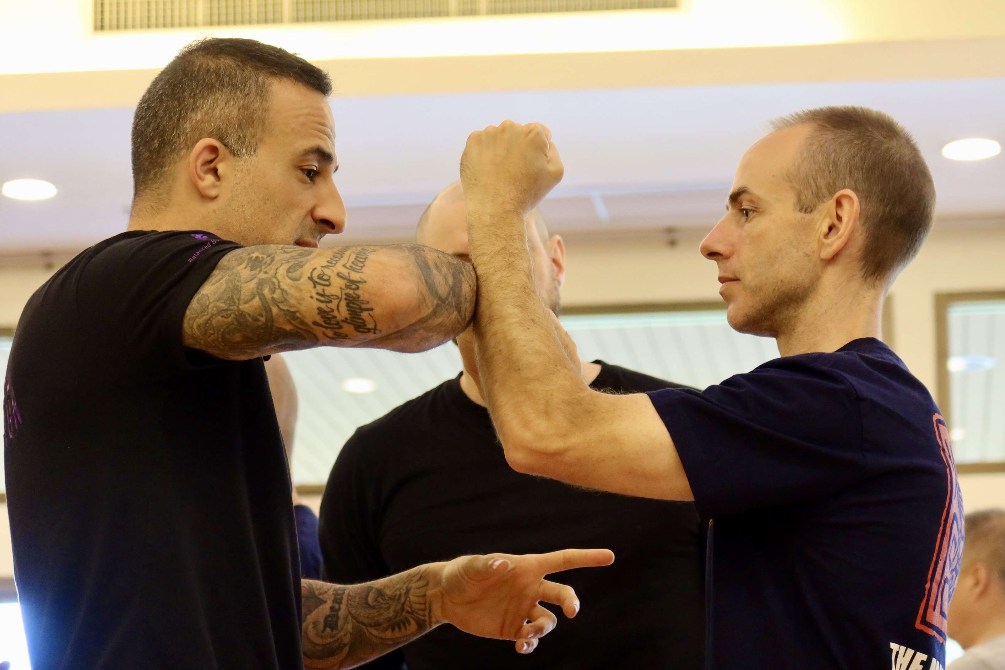 Two practitioners test arm structure, one pressing a raised forearm against the other’s
